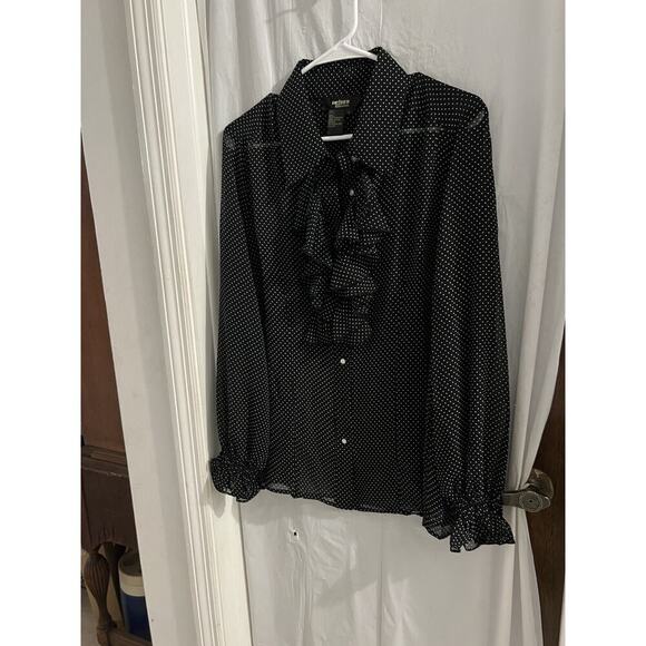 Twiggy London Black White Polka Dot Sheer Ruffle Button Up Blouse Sz L - Picture 1 of 5